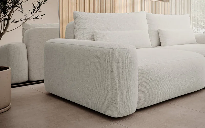 Dreisitziges ausklappbares Sofa Carnos, cremefarben, hydrophober Chenille-Stoff, schwarze Beine