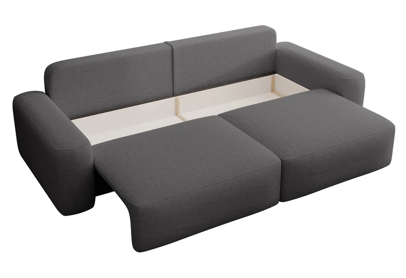 Dreisitziges ausklappbares Sofa Carnos, dunkelgrauer Chenille-Stoff, hydrophob, schwarze Beine