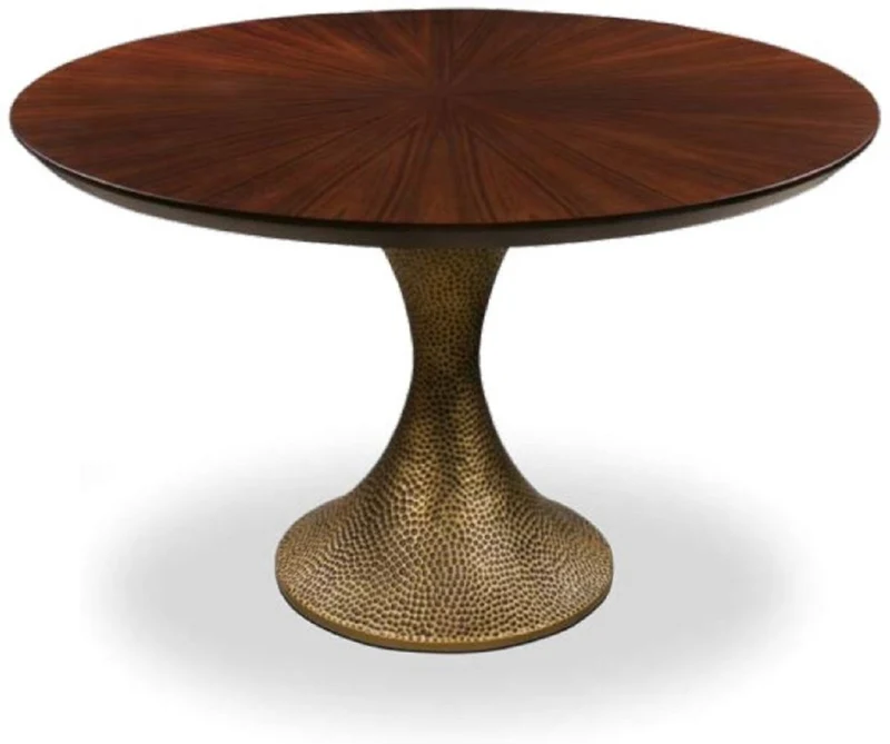Casa Padrino Luxus Esstisch Braun / Antik Gold Ø 200 x H. 76 cm - Runder Küchentisch mit edler Eichenfurnier Tischplatte und Tischbein in gehämmerter Optik - Luxus Esszimmmer Möbel