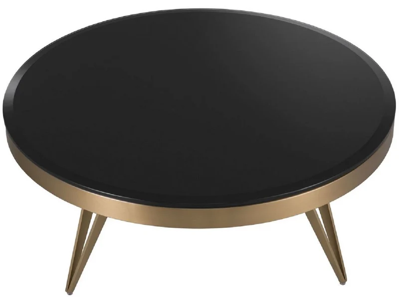 Casa Padrino Luxus Couchtisch Messingfarben / Schwarz Ø 90 x H. 33 cm - Runder Edelstahl Wohnzimmertisch mit Glasplatte - Wohnzimmer Möbel - Luxus Möbel
