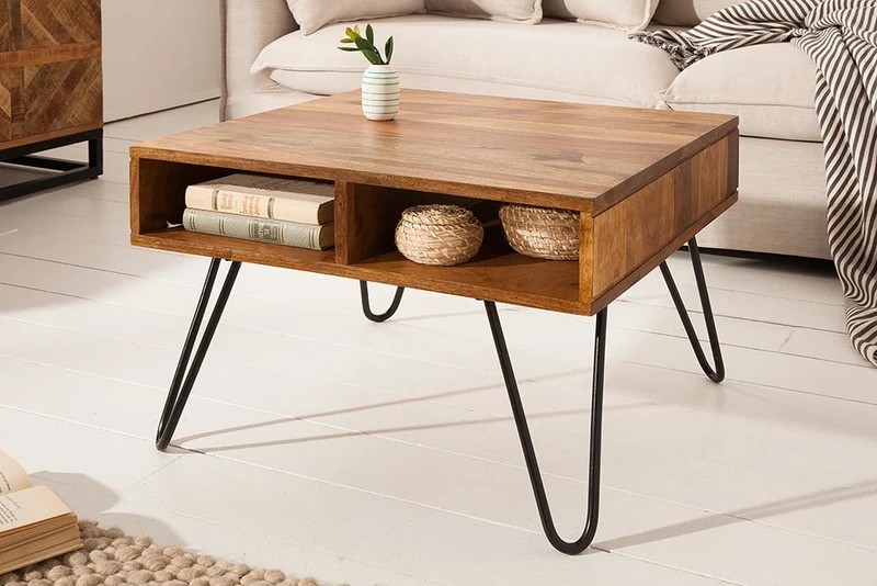 Trendiger Couchtisch ALINA 60cm natur Massivholz Ablagefächer
