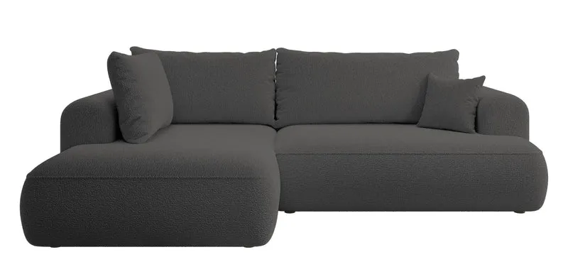 Ecksofa mit Schlaffunktion Ovo, L-förmig, mit Armlehne und Stauraum, dunkelgrauer Bouclé, linksseitig