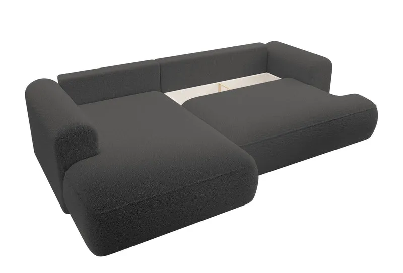 Ecksofa mit Schlaffunktion Ovo, L-förmig, mit Armlehne und Stauraum, dunkelgrauer Bouclé, linksseitig