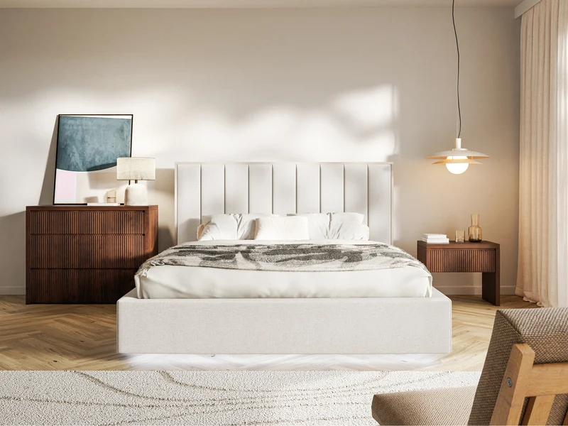 Polsterbett 140x200 cm Togents mit LED-Beleuchtung, hellbeige, hydrophobes Chenille