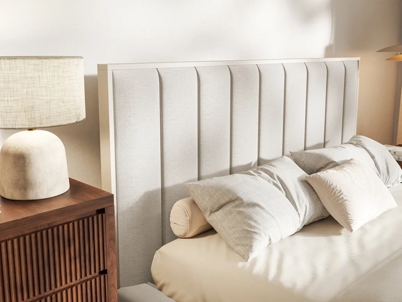 Polsterbett 180x200 cm Togents mit Stauraum, Metallrahmen, hellbeige, hydrophobes Chenille