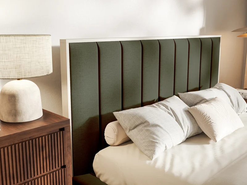 Polsterbett 160x200 cm Togents mit LED-Beleuchtung, dunkelgrüner hydrophober Chenille-Stoff