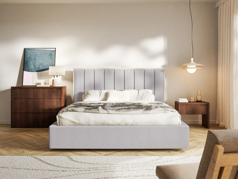 Polsterbett 160x200 cm Togents mit Stauraum, Metallrahmen, grauer hydrophober Chenille