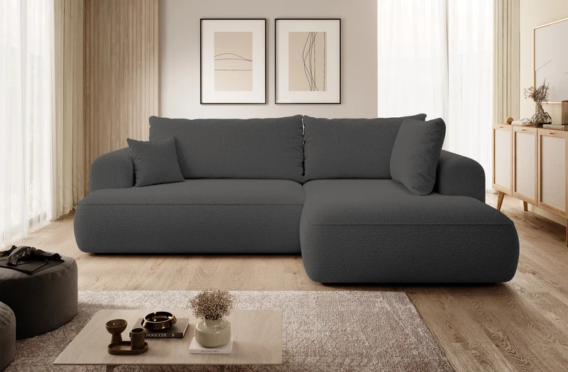 Ecksofa mit Schlaffunktion Ovo, L-förmig, mit Armlehne und Stauraum, dunkelgrauer Bouclé, rechtsseitig