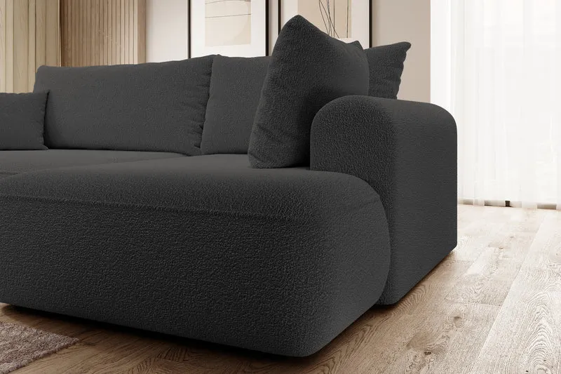 Ecksofa mit Schlaffunktion Ovo, L-förmig, mit Armlehne und Stauraum, dunkelgrauer Bouclé, rechtsseitig