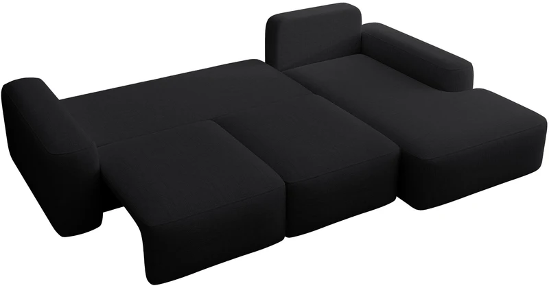 Ecksofa mit Schlaffunktion Carnos, L-förmig, mit zusätzlichen Lendenkissen, schwarzer hydrophober Chenille, rechtsseitig
