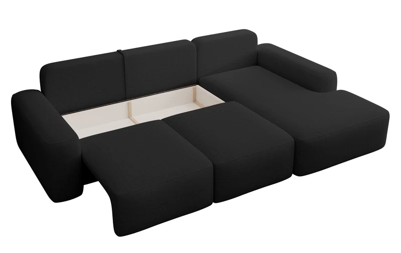 Ecksofa mit Schlaffunktion Carnos, L-förmig, mit zusätzlichen Lendenkissen, schwarzer hydrophober Chenille, rechtsseitig
