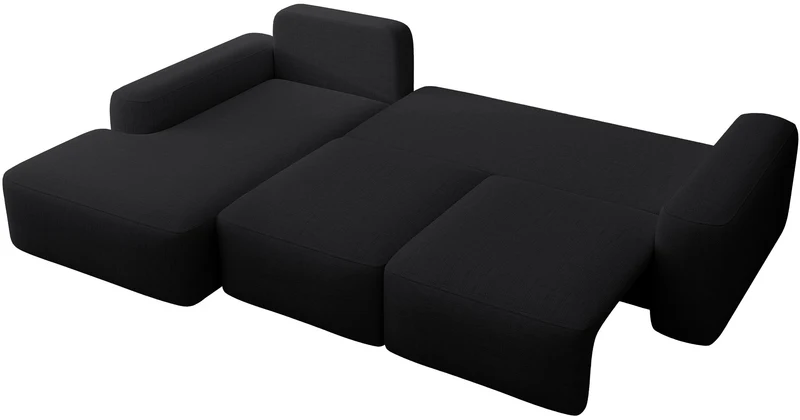Ecksofa mit Schlafunktion Carnos, L-förmig, mit zusätzlichen Lendenkissen, schwarzer hydrophober Chenille, linksseitig