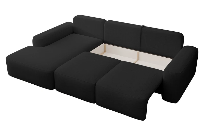 Ecksofa mit Schlafunktion Carnos, L-förmig, mit zusätzlichen Lendenkissen, schwarzer hydrophober Chenille, linksseitig