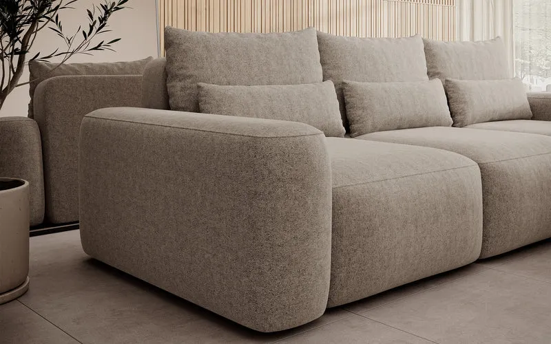 Ecksofa mit Schlaffunktion Carnos, L-förmig, mit zusätzlichen Lendenkissen, hellbrauner hydrophober Chenille, rechtsseitig