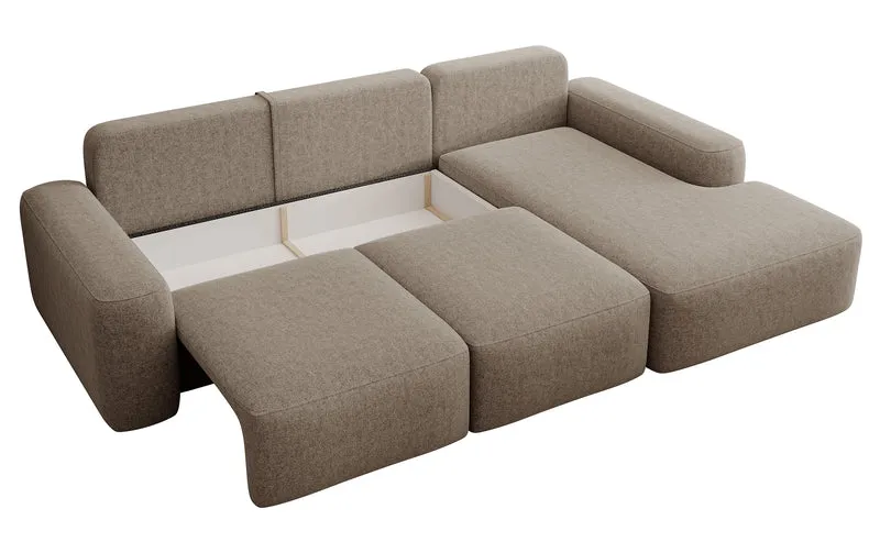 Ecksofa mit Schlaffunktion Carnos, L-förmig, mit zusätzlichen Lendenkissen, hellbrauner hydrophober Chenille, rechtsseitig