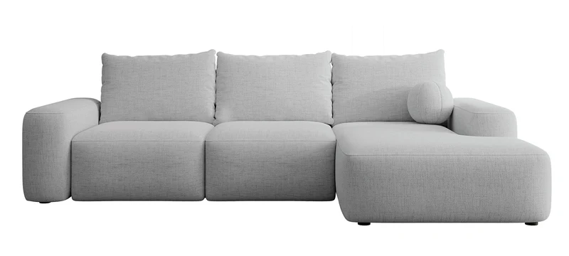 Ecksofa mit Schlaffunktion Carnos, L-förmig mit Ball, einzelne Kissen, grauer hydrophober Chenille, rechtsseitig