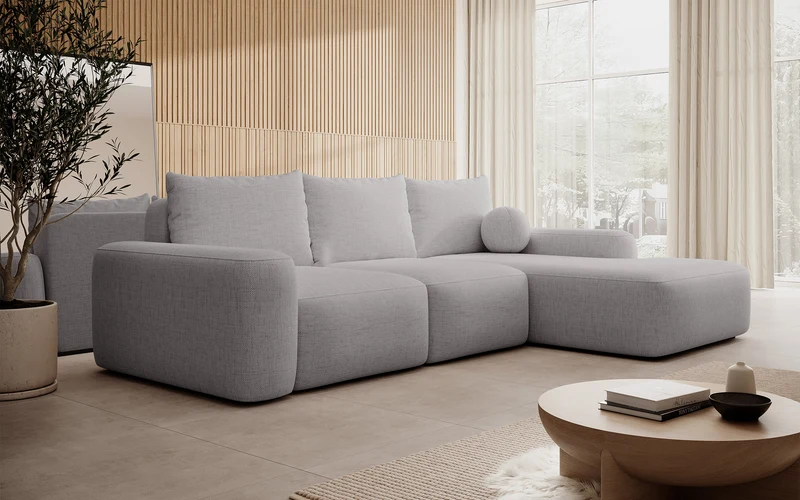 Ecksofa mit Schlaffunktion Carnos, L-förmig mit Ball, einzelne Kissen, grauer hydrophober Chenille, rechtsseitig