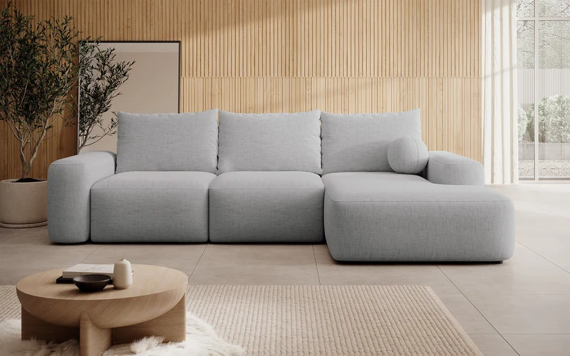 Ecksofa mit Schlaffunktion Carnos, L-förmig mit Ball, einzelne Kissen, grauer hydrophober Chenille, rechtsseitig