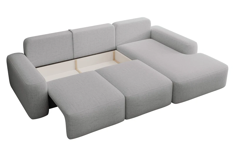 Ecksofa mit Schlaffunktion Carnos, L-förmig mit Ball, einzelne Kissen, grauer hydrophober Chenille, rechtsseitig