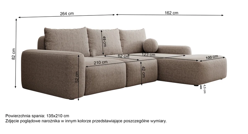 Ecksofa mit Schlaffunktion Carnos, L-förmig mit Ball, einzelne Kissen, grauer hydrophober Chenille, rechtsseitig