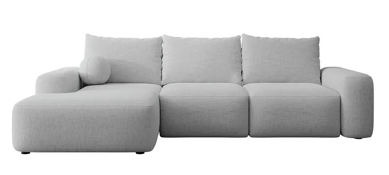 Ecksofa mit Schlaffunktion Carnos L-förmig mit Ball, einzelne Kissen, grauer hydrophober Chenille, linksseitig