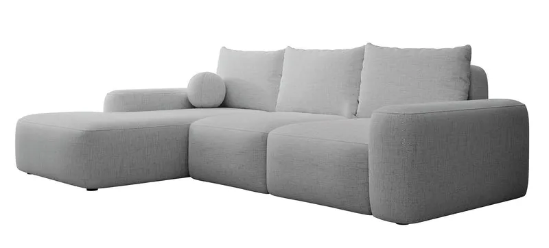 Ecksofa mit Schlaffunktion Carnos L-förmig mit Ball, einzelne Kissen, grauer hydrophober Chenille, linksseitig