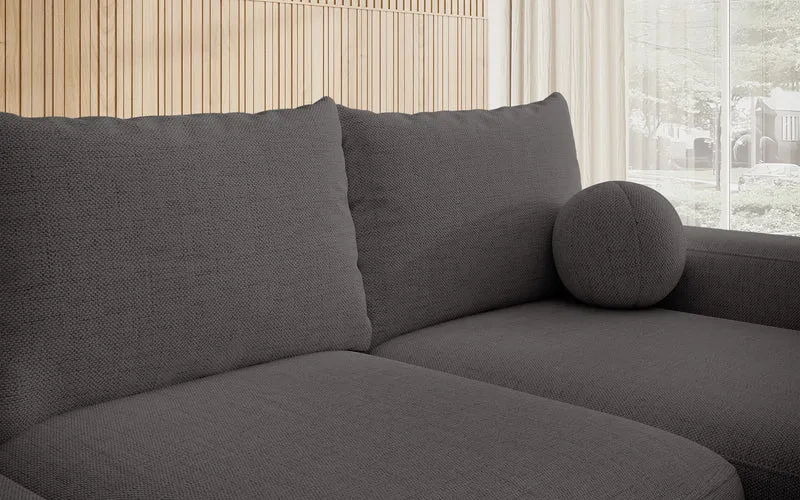 Ecksofa mit Schlaffunktion Carnos, L-förmig, mit Ball, einzelne Kissen, dunkelgrauer hydrophober Chenille-Stoff, rechtsseitig