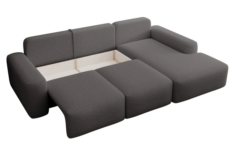 Ecksofa mit Schlaffunktion Carnos, L-förmig, mit Ball, einzelne Kissen, dunkelgrauer hydrophober Chenille-Stoff, rechtsseitig