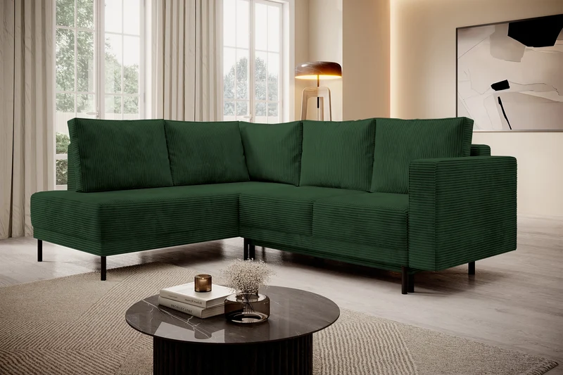 Ecksofa Rodario mit Schlaffunktion und Bettkasten, dunkelgrüner Cord, linksseitig
