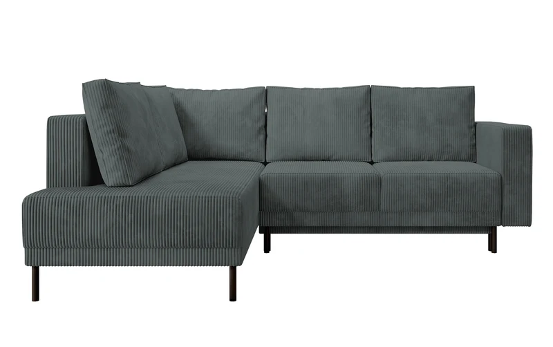 Ecksofa Rodario mit Schlafunktion und Bettkasten, grauer Cord, linksseitig