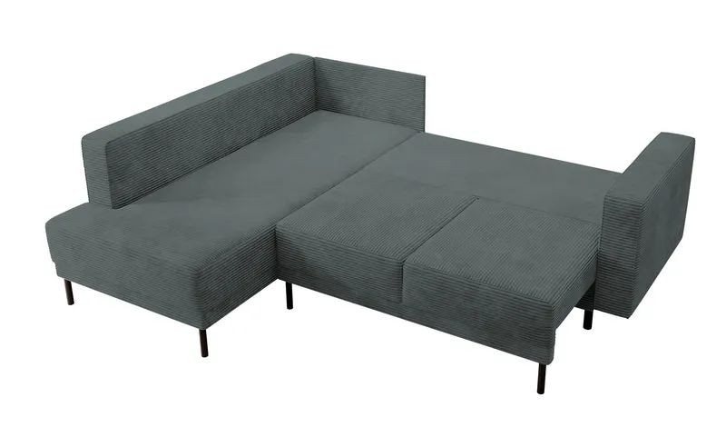 Ecksofa Rodario mit Schlafunktion und Bettkasten, grauer Cord, linksseitig
