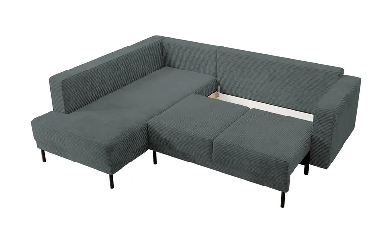 Ecksofa Rodario mit Schlafunktion und Bettkasten, grauer Cord, linksseitig