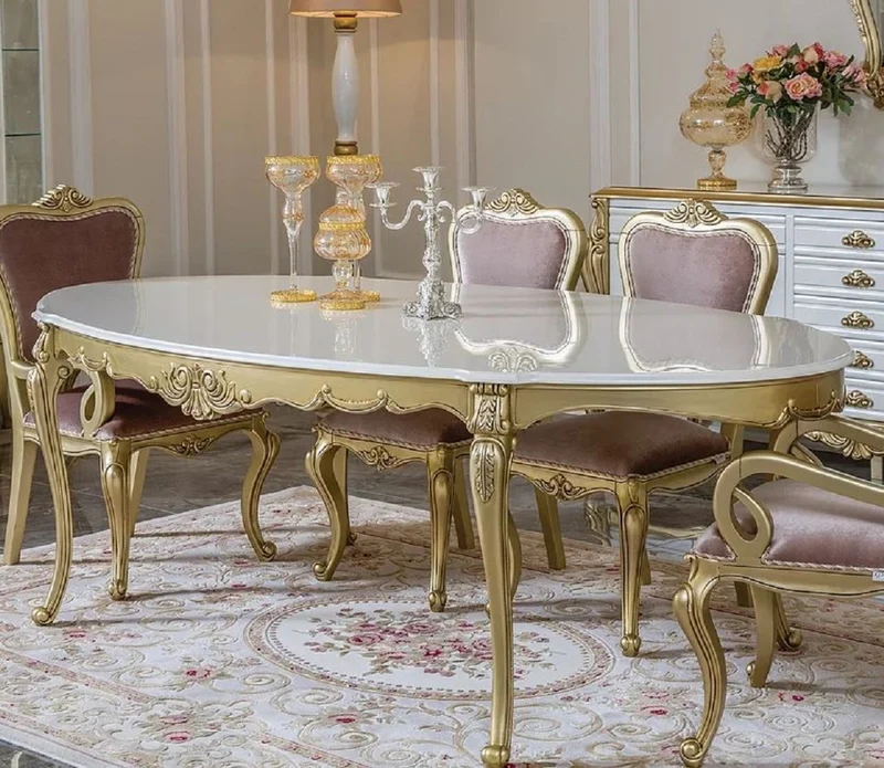 Casa Padrino Luxus Barock Esstisch Weiß / Gold - Ovaler Massivholz Esszimmertisch - Prunkvolle Barock Esszimmer Möbel