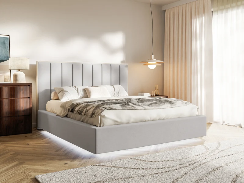 Gepolstertes Bett 160x200 cm Togents mit Stauraum und LED-Beleuchtung, Metallrahmen, hellgrauer, wasserabweisender Samt