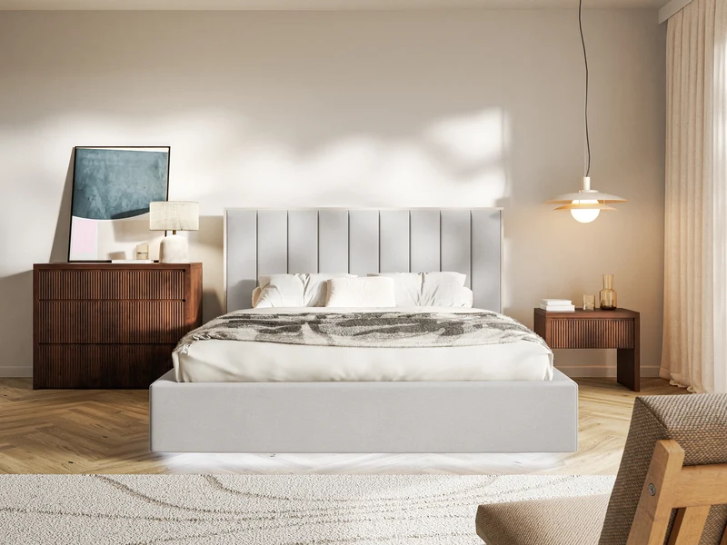 Gepolstertes Bett 160x200 cm Togents mit Stauraum und LED-Beleuchtung, Metallrahmen, hellgrauer, wasserabweisender Samt