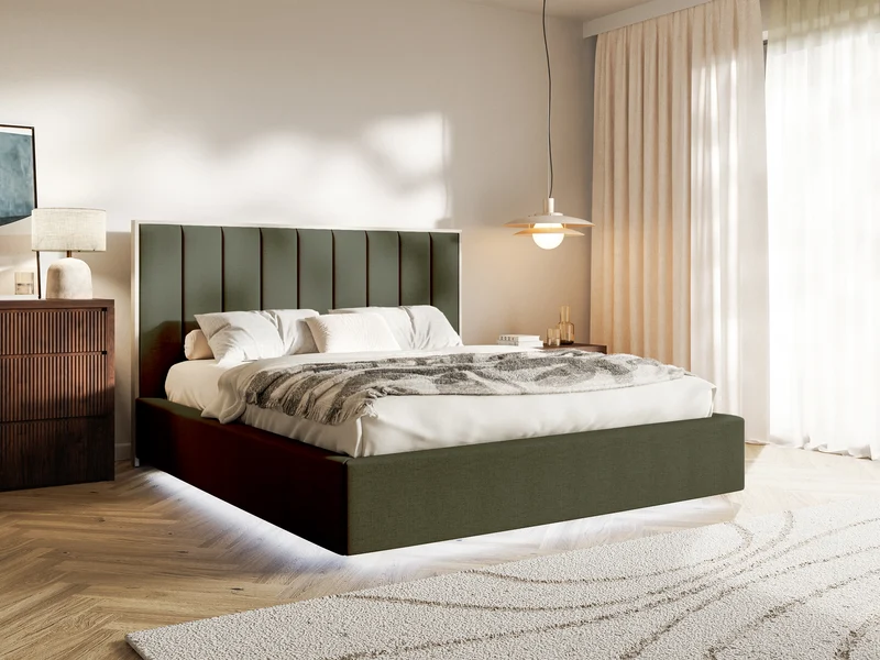 Polsterbett 160x200 cm Togents mit LED-Beleuchtung, dunkelgrüner hydrophober Chenille-Stoff