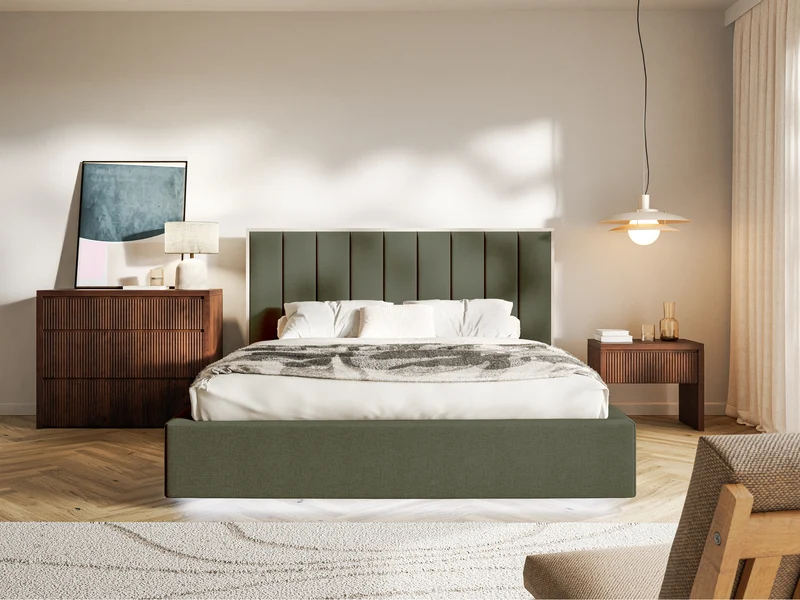 Polsterbett 160x200 cm Togents mit LED-Beleuchtung, dunkelgrüner hydrophober Chenille-Stoff