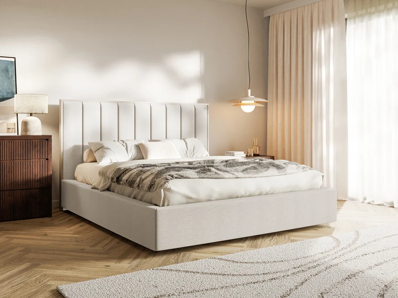 Polsterbett 180x200 cm Togents mit Stauraum, Metallrahmen, hellbeige, hydrophobes Chenille