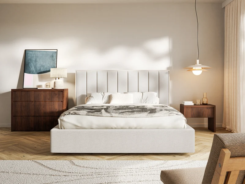 Polsterbett 180x200 cm Togents mit Stauraum, Metallrahmen, hellbeige, hydrophobes Chenille