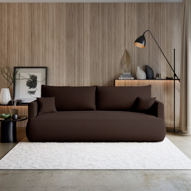 Dreisitziges ausklappbares Sofa Ovo Mini mit braunem Chenille-Stoff und leicht zu reinigendem Stauraum