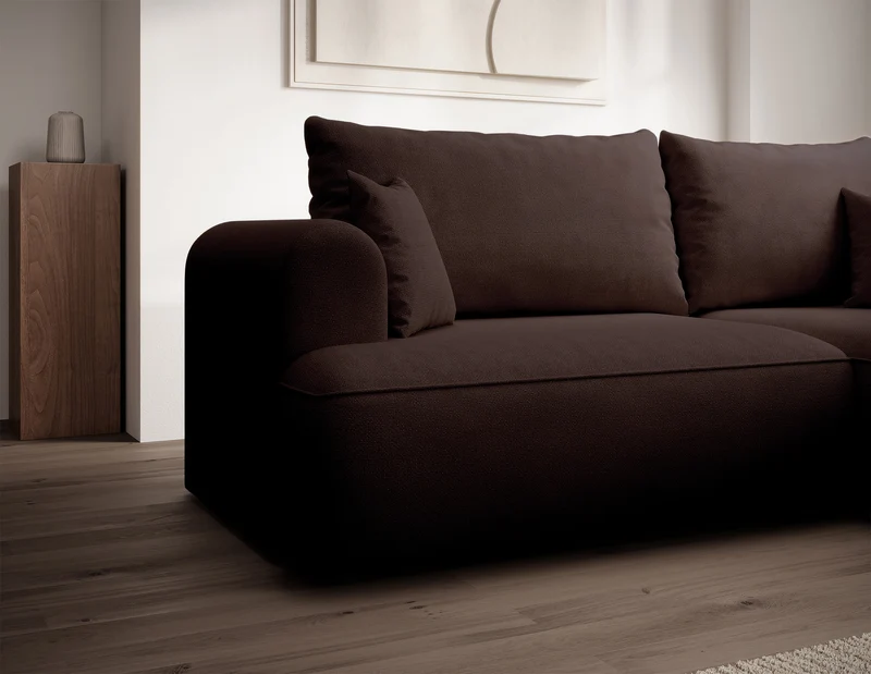 Ecksofa mit Schlaffunktion Ovo Mini, L-förmig, rechtsseitig, brauner Chenille, pflegeleicht