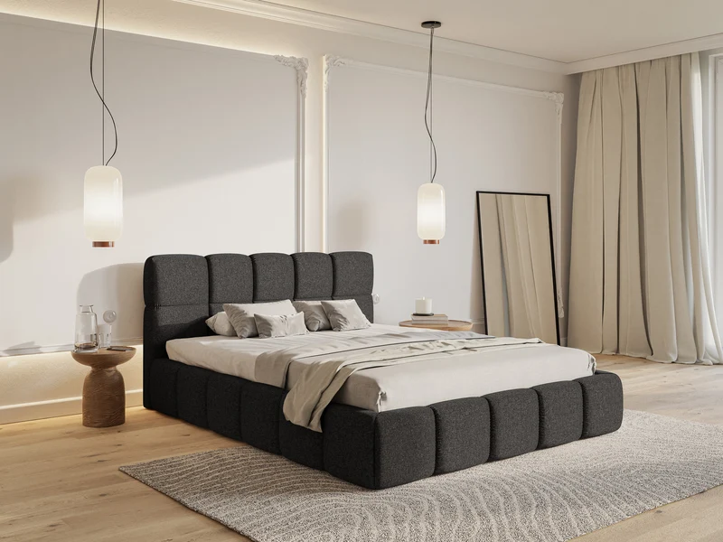 Gepolstertes Bett 120x200 cm Cloudy mit Stauraum, Metallrahmen, graphitfarben, hydrophobes Chenille