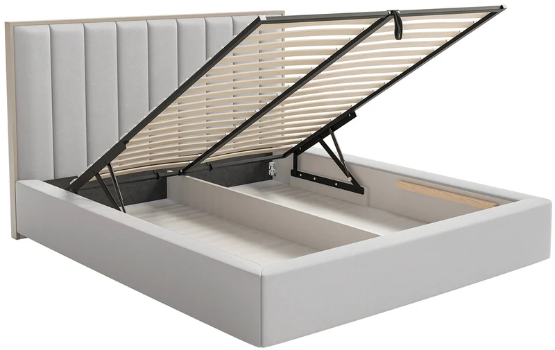Gepolstertes Bett 160x200 cm Togents mit Stauraum und LED-Beleuchtung, Metallrahmen, hellgrauer, wasserabweisender Samt