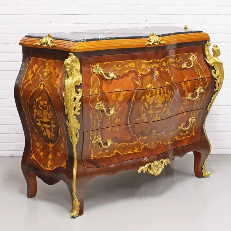 Casa Padrino Barockstil Kommode mit 3 Schubladen und Marmorplatte in braun, gold und schwarz, 120 x 50 x H. 95 cm