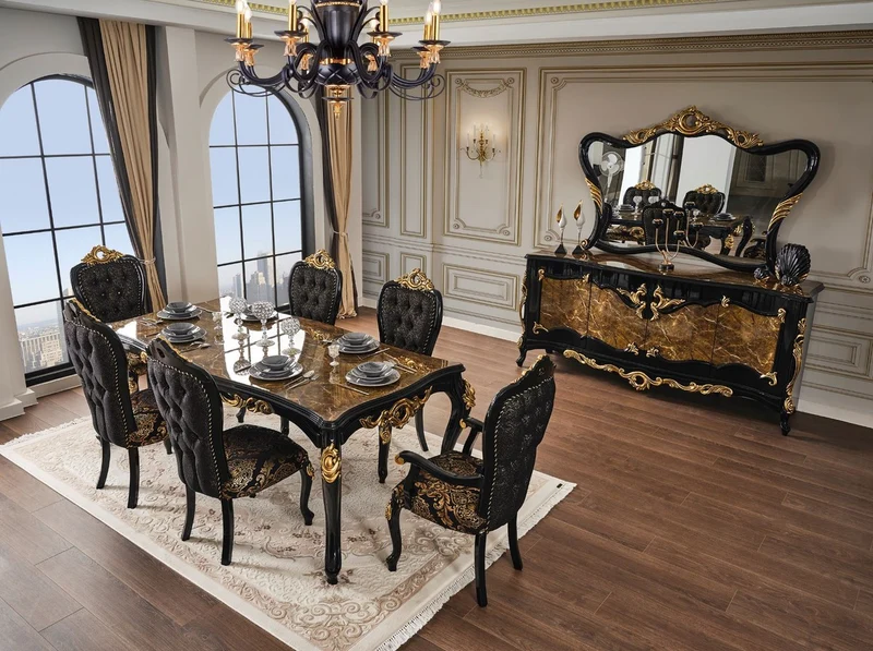 Casa Padrino Luxus Barock Esszimmerstuhl Set Schwarz / Gold - Küchen Stühle 6er Set - Barock Esszimmer Möbel - Edel & Prunkvoll