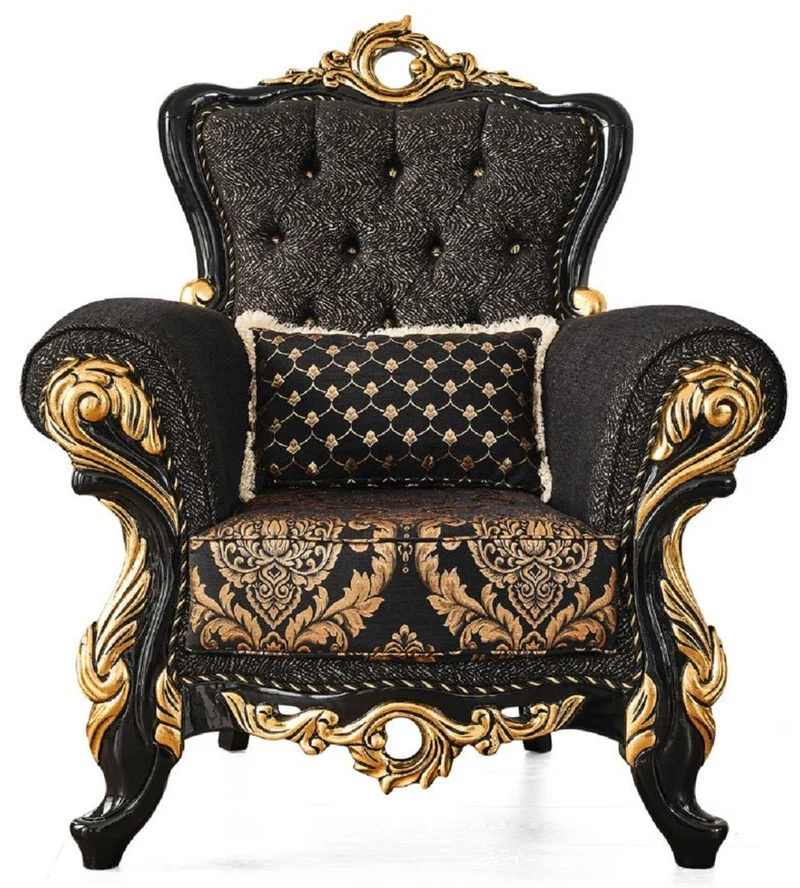 Casa Padrino Luxus Barock Sessel Schwarz / Gold 103 x 80 x H. 126 cm - Prunkvoller Wohnzimmer Sessel mit Muster und dekorativem Kissen - Barock Wohnzimmer Möbel
