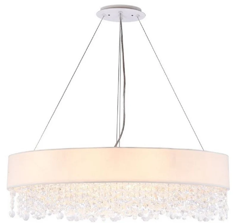Casa Padrino Kristall Hängeleuchte Silber / Weiß 72 x 27 x H. 21 cm - Außergewöhnliche ovale Leuchte mit Metallrahmen und Stoffbezug