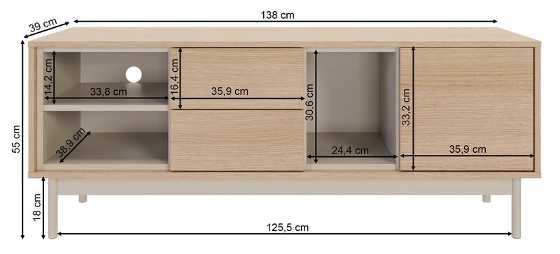 Layen TV-Schrank mit einer Tür, zwei Schubladen und drei Fächern, 138 cm, Lindberg-Eiche/Kaschmir