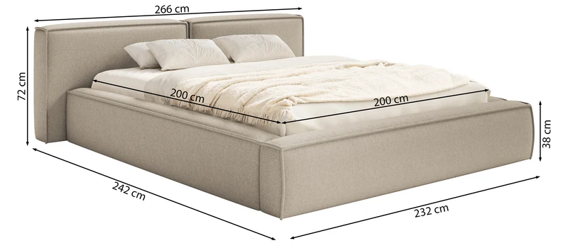 Polsterbett 200x200 cm Tilves Low mit Stauraum, Metallrahmen, hellbeiger Chenillestoff