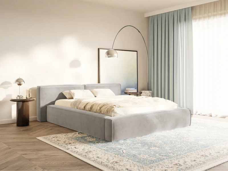 Polsterbett 140x200 cm Tilves Low mit Stauraum, Metallrahmen, grau-beiger Samt